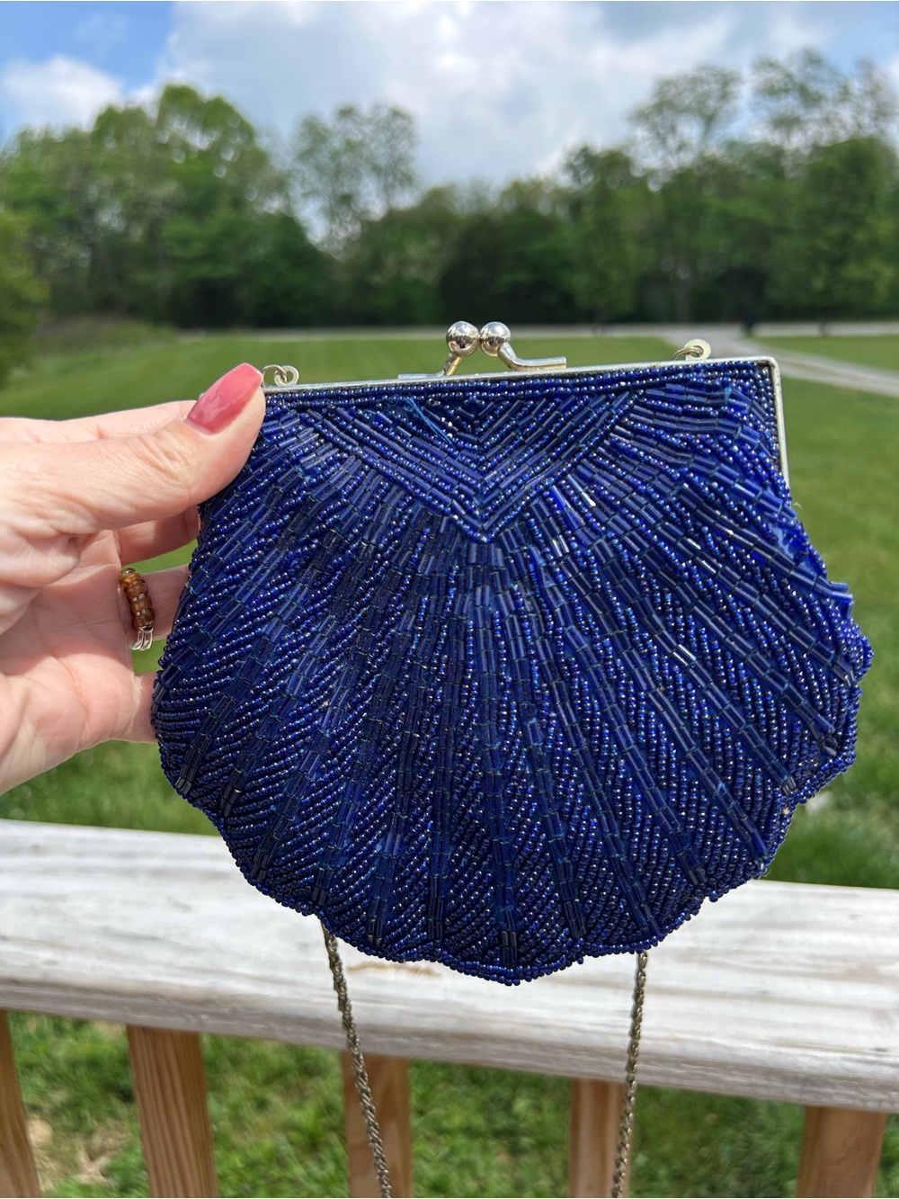 Vintage Carlo Fellini Blue Beaded Evening Purse Clam Shell Shaped Shoulder Bag